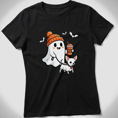 Kawaii style t-shirt featuring a cute ghost and a Chihuahua dog for Halloween — printed on a women's shirt