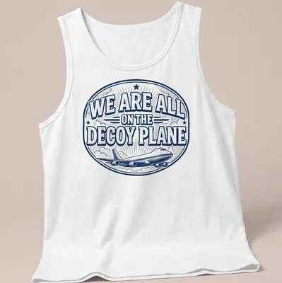 Vintage airplane-themed t-shirt with humorous text about decoy planes — printed on a tank top