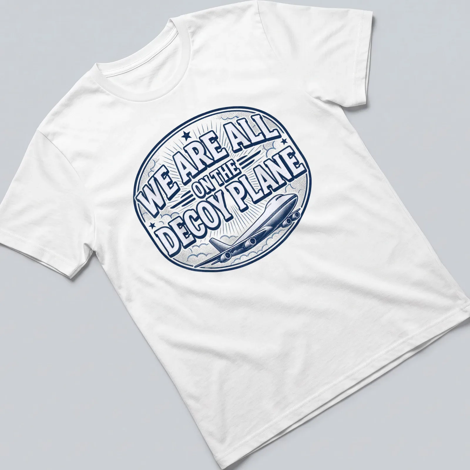 Vintage airplane-themed t-shirt with humorous text about decoy planes — printed on a unisex t-shirt