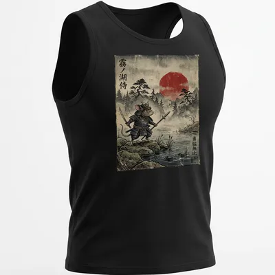Vintage Japanese style graphic of a samurai mouse with swords and text — printed on a tank top