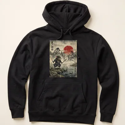 Vintage Japanese style graphic of a samurai mouse with swords and text — printed on a unisex hoodie