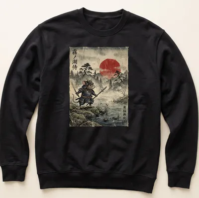Vintage Japanese style graphic of a samurai mouse with swords and text — printed on a unisex sweatshirt