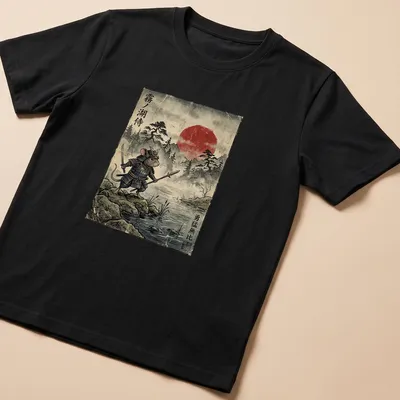 Vintage Japanese style graphic of a samurai mouse with swords and text