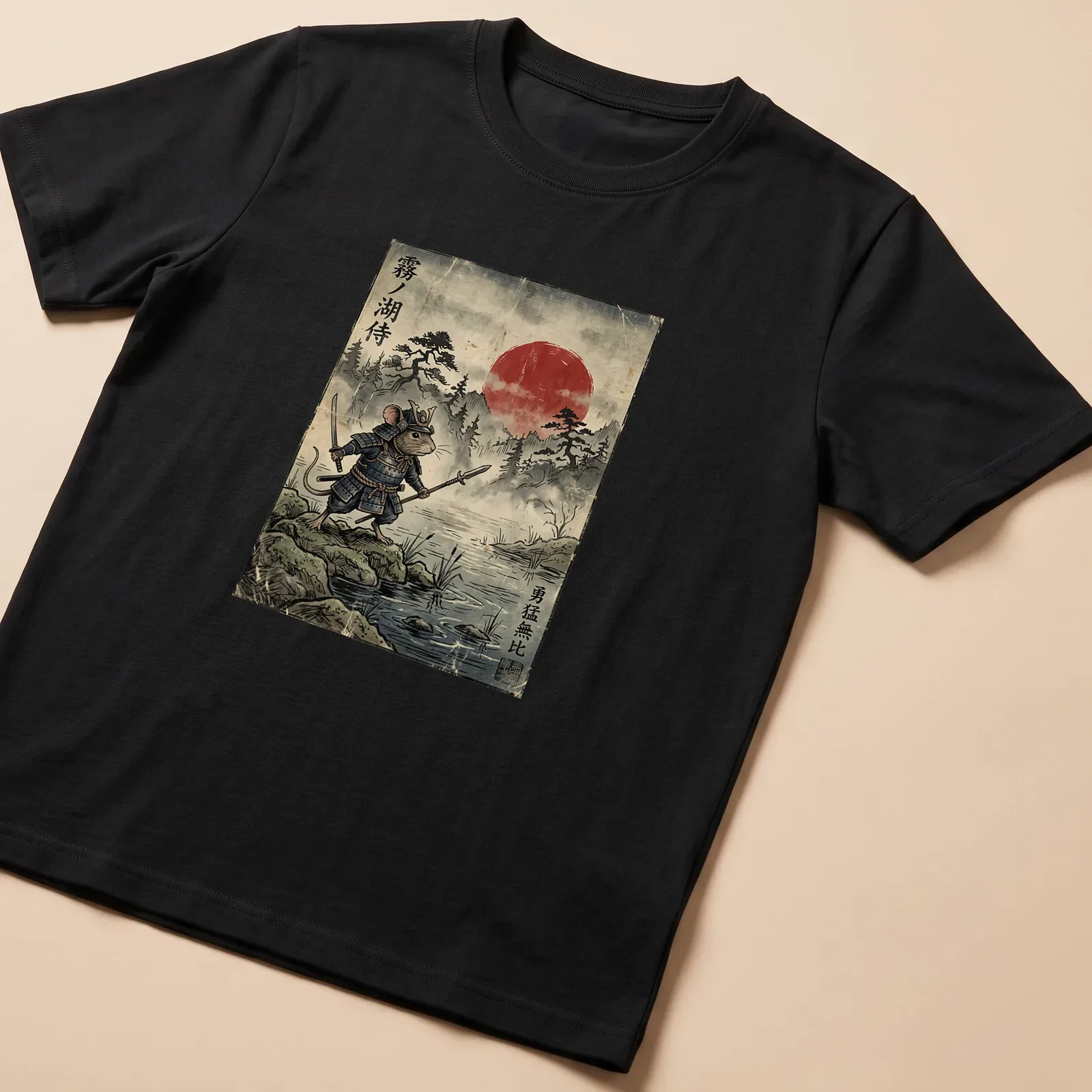 Vintage Japanese style graphic of a samurai mouse with swords and text — printed on a unisex t-shirt