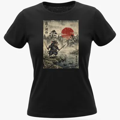 Vintage Japanese style graphic of a samurai mouse with swords and text — printed on a women's shirt