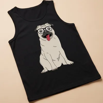 Cartoon pug dog wearing oversized glasses in beige, black, white, and pink — printed on a tank top