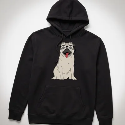 Cartoon pug dog wearing oversized glasses in beige, black, white, and pink — printed on a unisex hoodie