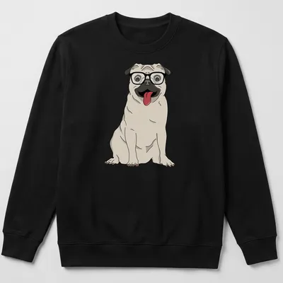 Cartoon pug dog wearing oversized glasses in beige, black, white, and pink — printed on a unisex sweatshirt