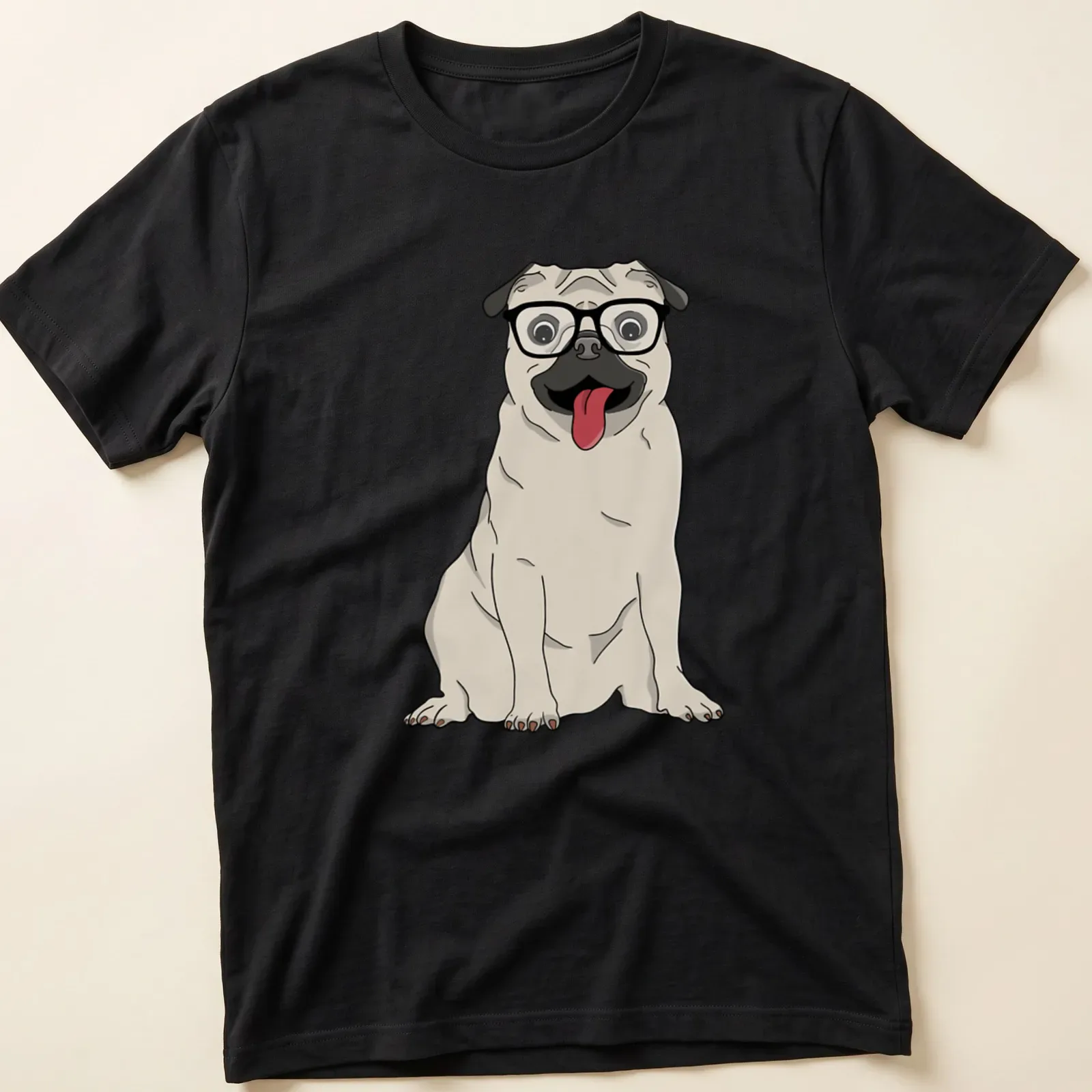 Cartoon pug dog wearing oversized glasses in beige, black, white, and pink — printed on a unisex t-shirt