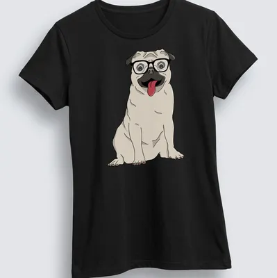 Cartoon pug dog wearing oversized glasses in beige, black, white, and pink — printed on a women's shirt