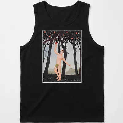 Playful illustration of a naked man holding an apple in various colors — printed on a tank top