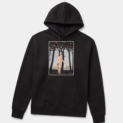 Playful illustration of a naked man holding an apple in various colors — printed on a unisex hoodie