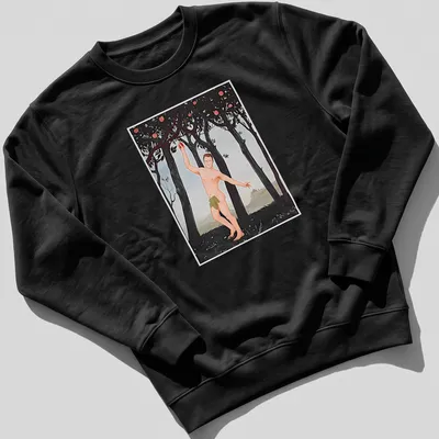Playful illustration of a naked man holding an apple in various colors — printed on a unisex sweatshirt