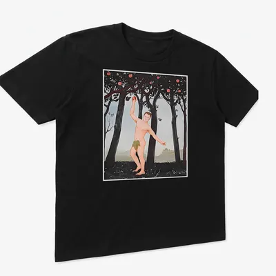 Playful illustration of a naked man holding an apple in various colors — printed on a unisex t-shirt (angled view)