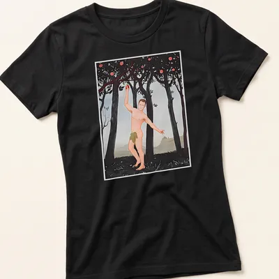Playful illustration of a naked man holding an apple in various colors — printed on a women's shirt
