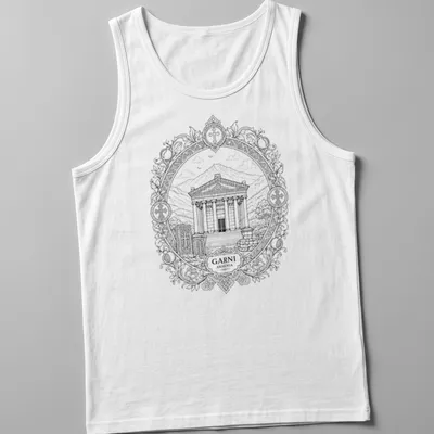 Mandala design featuring Garni Temple with GARNI ARMENIA text in black and white. — printed on a tank top