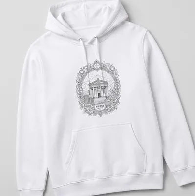 Mandala design featuring Garni Temple with GARNI ARMENIA text in black and white. — printed on a unisex hoodie