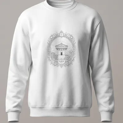 Mandala design featuring Garni Temple with GARNI ARMENIA text in black and white. — printed on a unisex sweatshirt