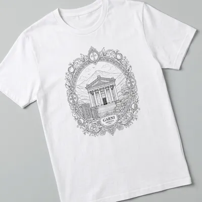 Mandala design featuring Garni Temple with GARNI ARMENIA text in black and white. — printed on a unisex t-shirt
