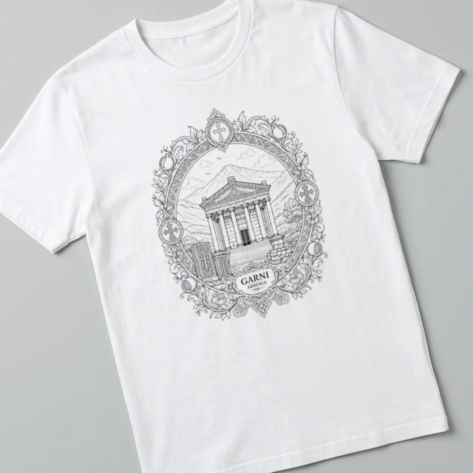 Mandala design featuring Garni Temple with GARNI ARMENIA text in black and white. — printed on a unisex t-shirt