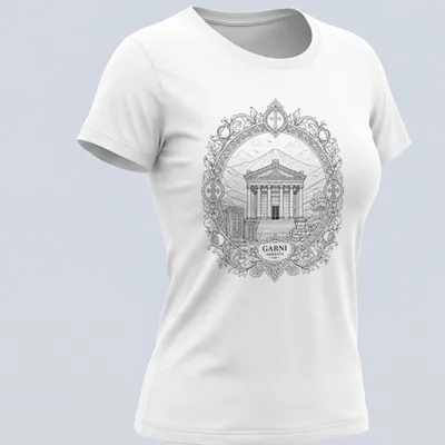 Mandala design featuring Garni Temple with GARNI ARMENIA text in black and white. — printed on a women's shirt
