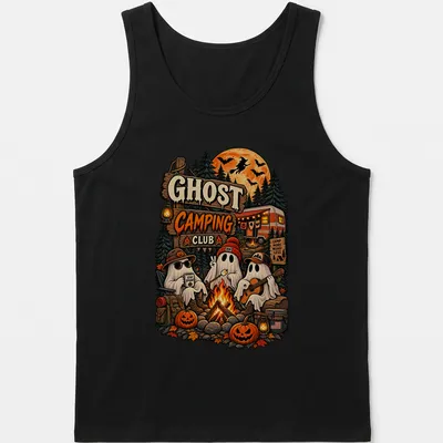 Vintage retro Halloween shirt featuring three friendly ghosts around a campfire. — printed on a tank top