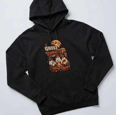 Vintage retro Halloween shirt featuring three friendly ghosts around a campfire. — printed on a unisex hoodie
