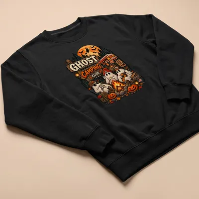 Vintage retro Halloween shirt featuring three friendly ghosts around a campfire. — printed on a unisex sweatshirt