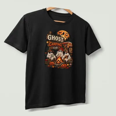 Vintage retro Halloween shirt featuring three friendly ghosts around a campfire. — printed on a unisex t-shirt (angled view)