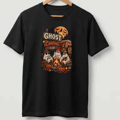 Vintage retro Halloween shirt featuring three friendly ghosts around a campfire.