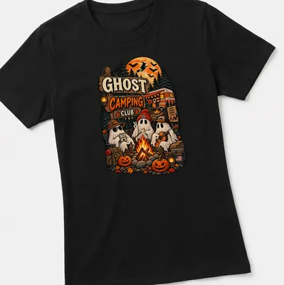 Vintage retro Halloween shirt featuring three friendly ghosts around a campfire. — printed on a women's shirt