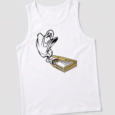 Cartoon ghost design on a colorful background with playful elements. — printed on a tank top
