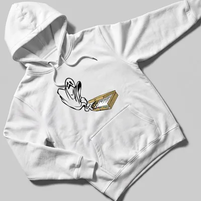 Cartoon ghost design on a colorful background with playful elements. — printed on a unisex hoodie