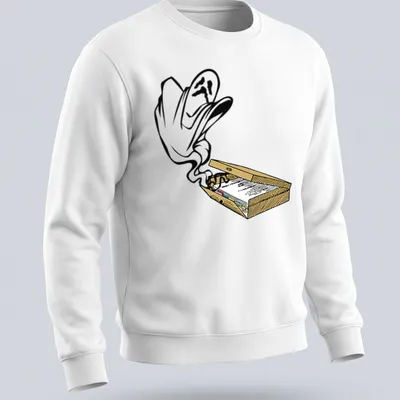 Cartoon ghost design on a colorful background with playful elements. — printed on a unisex sweatshirt