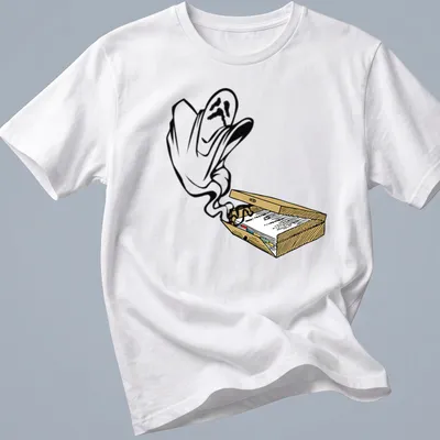 Cartoon ghost design on a colorful background with playful elements. — printed on a unisex t-shirt