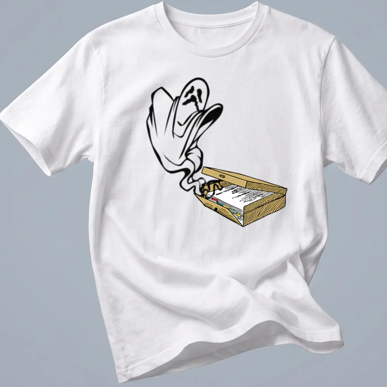 Cartoon ghost design on a colorful background with playful elements. — printed on a unisex t-shirt