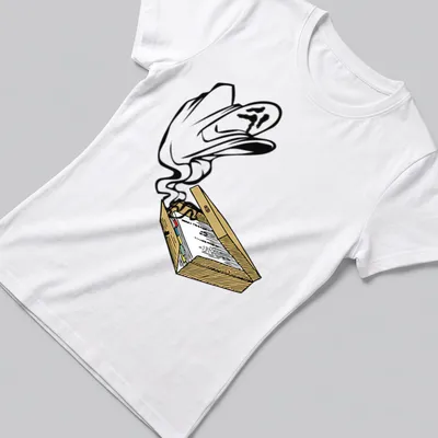 Cartoon ghost design on a colorful background with playful elements. — printed on a women's shirt