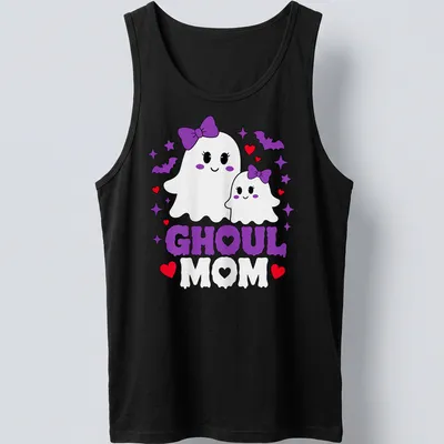 Cute kawaii design of a mother and baby ghosts with GHoul MOM text — printed on a tank top