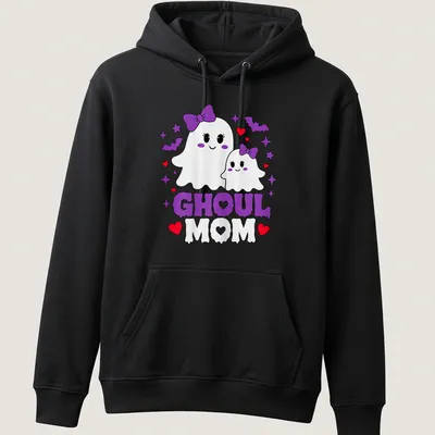 Cute kawaii design of a mother and baby ghosts with GHoul MOM text — printed on a unisex hoodie
