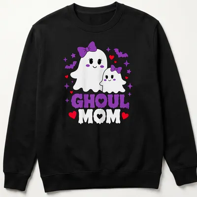 Cute kawaii design of a mother and baby ghosts with GHoul MOM text — printed on a unisex sweatshirt
