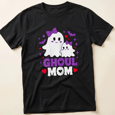 Cute kawaii design of a mother and baby ghosts with GHoul MOM text