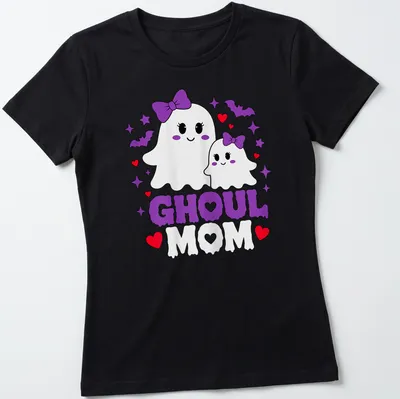 Cute kawaii design of a mother and baby ghosts with GHoul MOM text — printed on a women's shirt