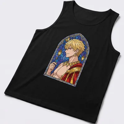 Stained glass illustration of Gilgamesh with vibrant colors — printed on a tank top