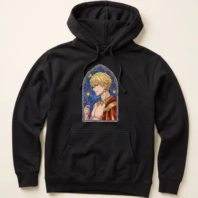 Stained glass illustration of Gilgamesh with vibrant colors — printed on a unisex hoodie