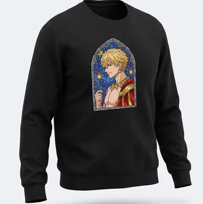 Stained glass illustration of Gilgamesh with vibrant colors — printed on a unisex sweatshirt