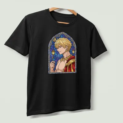 Stained glass illustration of Gilgamesh with vibrant colors — printed on a unisex t-shirt (angled view)