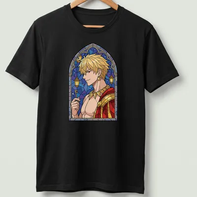 Stained glass illustration of Gilgamesh with vibrant colors — printed on a unisex t-shirt