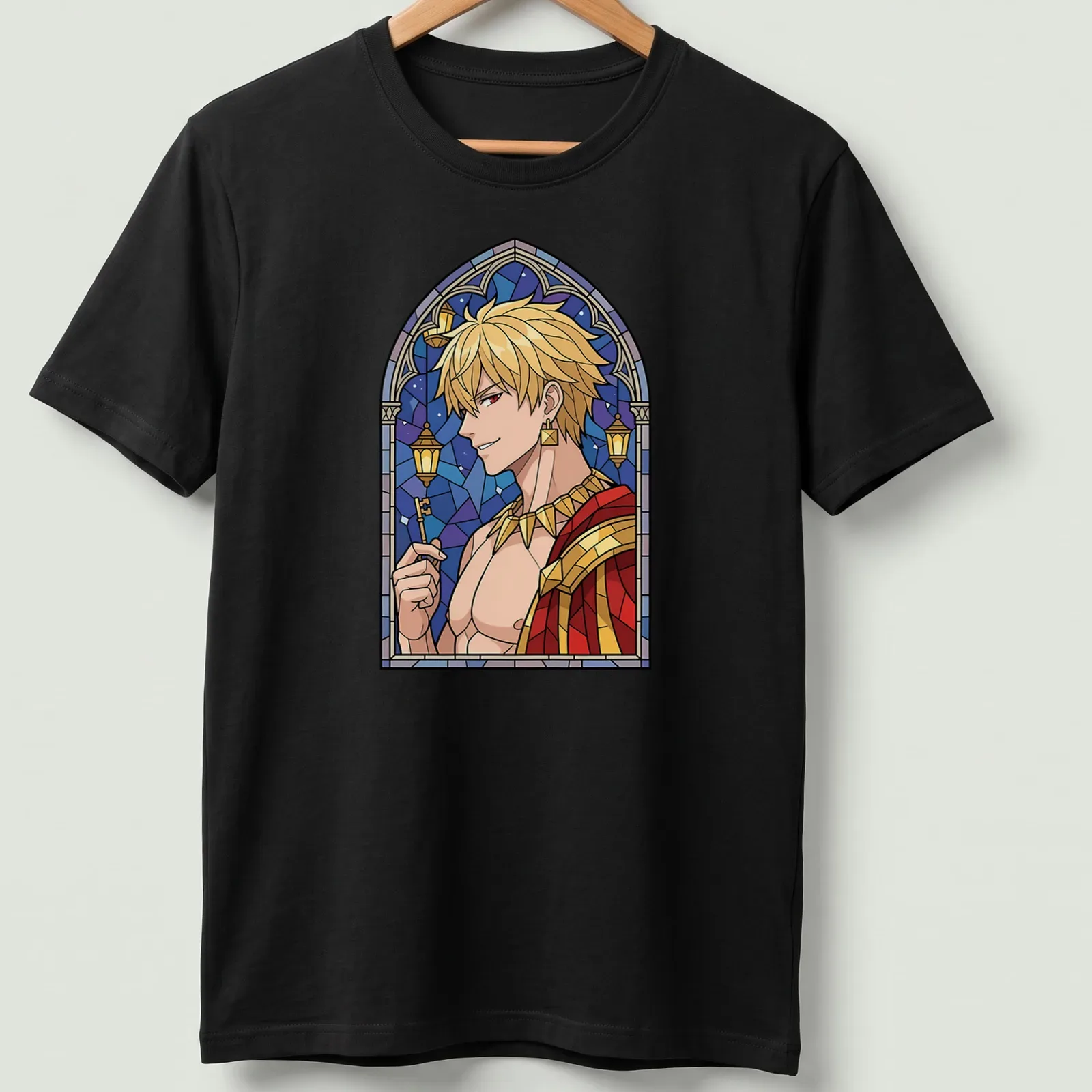 Stained glass illustration of Gilgamesh with vibrant colors — printed on a unisex t-shirt