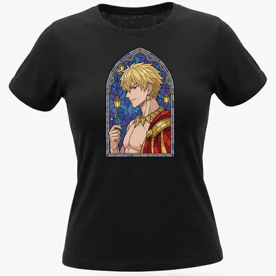 Stained glass illustration of Gilgamesh with vibrant colors — printed on a women's shirt