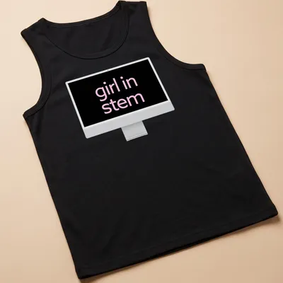 Black and pink typography graphic reading 'girl in stem' on — printed on a tank top